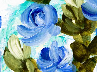 Abstract  blue flowers, original hand drawn, impressionism style, color texture, brush strokes of paint,  art background.  Modern art. Contemporary art.