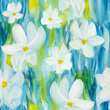 Soyut beyaz çiçeklerin kusursuz deseni, orijinal el çizimi, izlenimcilik tarzı, renk dokusu, fırça darbeleri, sanat arkaplanı. Modern sanat. Çağdaş sanat.