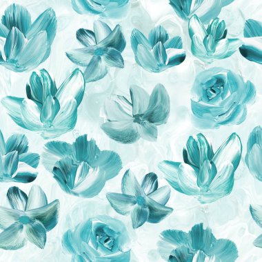 Seamless pattern of abstract turquoise flowers, original hand drawn, impressionism style, color texture, brush strokes of paint,  art background.  Modern art. Contemporary art.