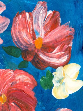 Soyut kırmızı çiçekler, orijinal el çizimi, izlenimcilik stili, renk dokusu, fırça darbeleri, sanat arka planı. Modern sanat. Çağdaş sanat.