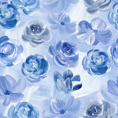 Seamless pattern of abstract painting blue flowers, original hand drawn, impressionism style, color texture, brush strokes of paint, art background.  Modern art. Contemporary art.