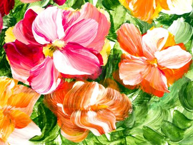 Abstract  flowers, original hand drawn, impressionism style, color texture, brush strokes of paint, art background.  Modern art. Contemporary art.