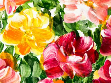 Abstract  flowers, original hand drawn, impressionism style, color texture, brush strokes of paint, art background.  Modern art. Contemporary art.