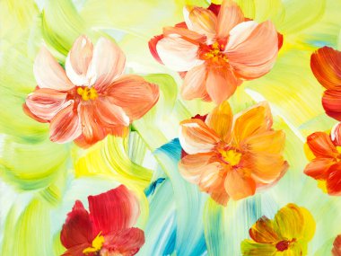 Abstract  flowers, original hand drawn, impressionism style, color texture, brush strokes of paint, art background.  Modern art. Contemporary art.