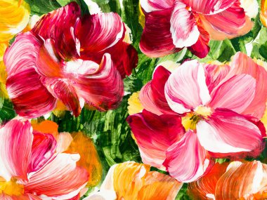 Kırmızı soyut çiçekler, orijinal el çizimi, izlenimcilik stili, renk dokusu, fırça darbeleri, sanat arka planı. Modern sanat.