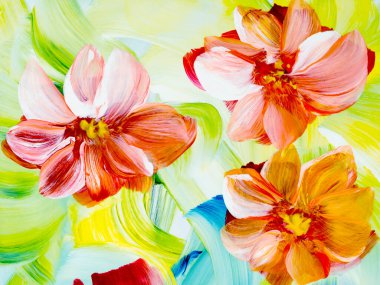 Soyut kırmızı ve turuncu çiçekler, orijinal el çizimi, izlenimcilik stili, renk dokusu, fırça darbeleri, sanat arka planı. Modern sanat. 