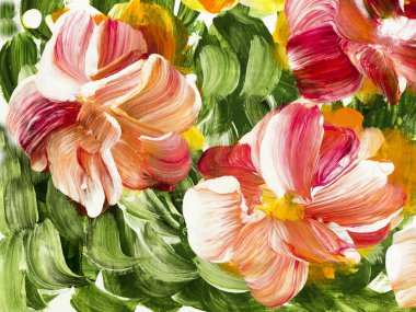 Kırmızı ve turuncu soyut çiçekler, orijinal el çizimi, izlenimcilik stili, renk dokusu, fırça darbeleri, sanat arka planı. Modern sanat.