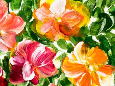 Soyut turuncu ve kırmızı çiçekler, orijinal el çizimi, izlenimcilik stili, renk dokusu, fırça darbeleri, sanat arka planı. Modern sanat. Çağdaş sanat.