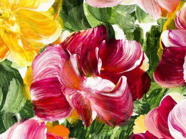 Kırmızı soyut çiçek, orijinal el çizimi, izlenimcilik stili, renk dokusu, akrilik boya fırça darbeleri, sanat arka planı. Modern sanat.