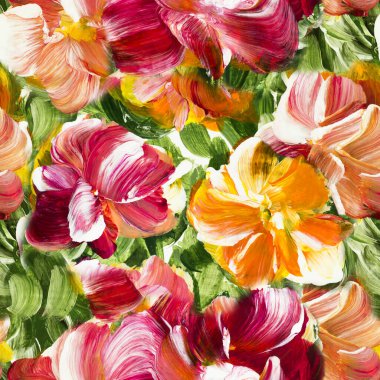 Soyut resmin kusursuz deseni kırmızı çiçekler, orijinal el çizimi, izlenimcilik stili, renk dokusu, fırça darbeleri, sanat arkaplanı. Modern sanat. Çağdaş sanat.