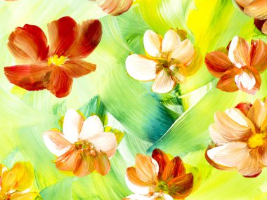 Soyut çiçekler, orijinal el çizimi, izlenimcilik stili, renk dokusu, fırça darbeleri, sanat arka planı. Modern sanat.