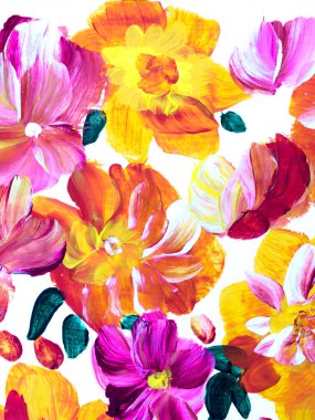 Pembe soyut çiçekler, orijinal el çizimi, izlenimcilik stili, renk dokusu, akrilik boya fırça darbeleri, sanat arka planı. Modern sanat.