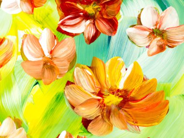 Soyut çiçekler, orijinal el çizimi, izlenimcilik stili, renk dokusu, fırça darbeleri, sanat arka planı. Modern sanat.