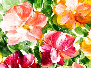 Soyut çiçekler, orijinal el çizimi, izlenimcilik stili, renk dokusu, fırça darbeleri, sanat arka planı. Modern sanat.