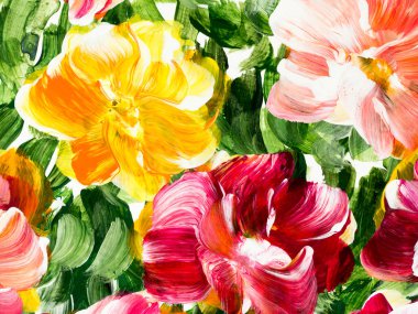 Soyut çiçekler, orijinal el çizimi, izlenimcilik stili, renk dokusu, fırça darbeleri, sanat arka planı. Modern sanat.