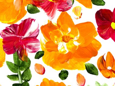 Soyut kırmızı ve pembe çiçekler, orijinal el çizimi, izlenimcilik stili, renk dokusu, fırça darbeleri, sanat arka planı. Modern sanat.