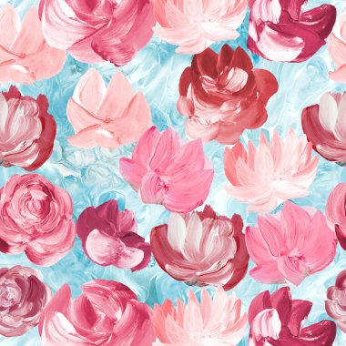 Soyut kırmızı ve pembe çiçeklerin kusursuz deseni, orijinal el çizimi, izlenimcilik stili, renk dokusu, fırça darbeleri, sanat arkaplanı. Modern sanat. Çağdaş sanat.