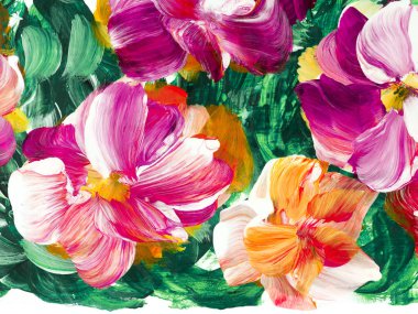 Pembe soyut çiçekler, orijinal el çizimi, izlenimcilik stili, renk dokusu, akrilik boya fırça darbeleri, sanat arka planı. Modern sanat.