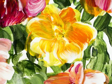 Soyut sarı çiçek, orijinal el çizimi, izlenimcilik stili, renk dokusu, akrilik boya fırça darbeleri, sanat arka planı. Modern sanat.