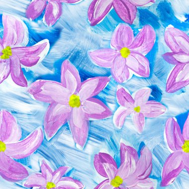 Soyut mor renkli çiçeklerin kusursuz deseni, orijinal el çizimi, izlenimcilik stili, renk dokusu, fırça darbeleri, sanat arkaplanı. Çağdaş sanat.