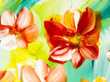 Kırmızı soyut çiçekler, orijinal el çizimi, izlenimcilik stili, renk dokusu, akrilik boya fırça darbeleri, sanat arka planı. Modern sanat.