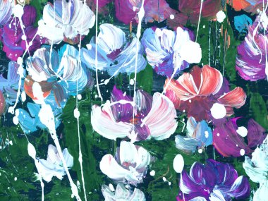 Soyut çiçekler, orijinal el çizimi, izlenimcilik stili, renk dokusu, fırça darbeleri, sanat arka planı. Modern sanat.