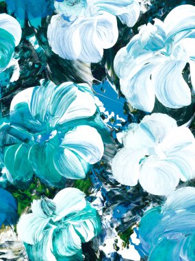 Mavi soyut çiçek, orijinal el çizimi, izlenimcilik stili, renk dokusu, akrilik boya fırça darbeleri, sanat arka planı. Modern sanat.