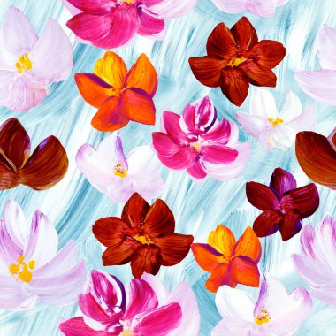 Soyut pembe ve beyaz çiçeklerin kusursuz deseni. Orijinal el çizimi, izlenimcilik tarzı, sanat eseri, yaratıcı el boyası arka plan, fırça dokusu, akrilik. Modern sanat.