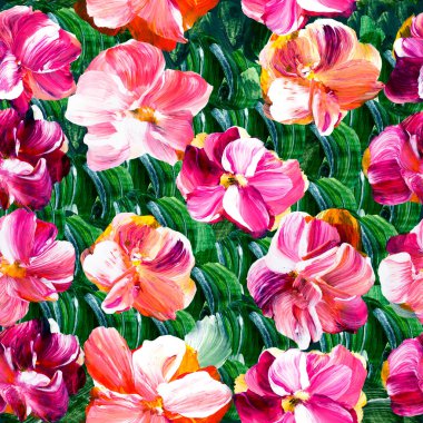 Pembe soyut çiçekler, orijinal el çizimi, izlenimcilik stili, renk dokusu, fırça darbeleri, sanat arka planı. Modern sanat.