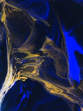 Soyut fantastik neon mavi ve altın sarısı el boyası arka plan, mermer ve fırça dokusu, soyut okyanus, akrilik resim. Modern sanat.