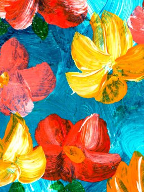 Soyut kırmızı ve sarı çiçekler, orijinal el çizimi, izlenimcilik stili, renk dokusu, akrilik boya fırça darbeleri, sanat arka planı. Modern sanat.