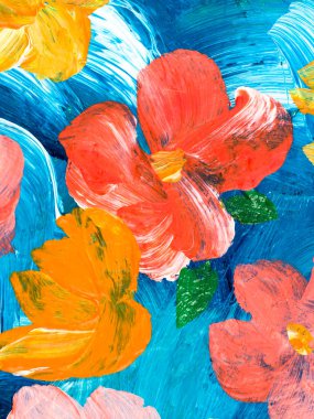 Soyut kırmızı ve sarı çiçekler, orijinal el çizimi, izlenimcilik stili, renk dokusu, fırça darbeleri, sanat arka planı. Modern sanat. Çağdaş sanat.