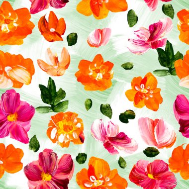 Soyut kırmızı ve pembe çiçeklerin kusursuz deseni, orijinal el çizimi, izlenimcilik stili, renk dokusu, fırça darbeleri, sanat arkaplanı. Modern sanat.