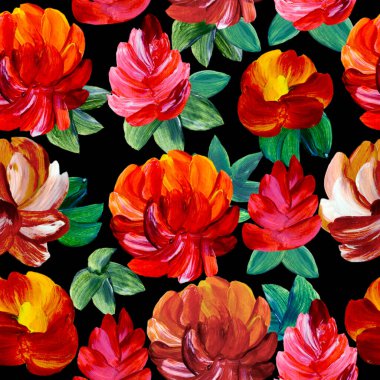 Kusursuz kırmızı çiçekler, sanat resimleri, yaratıcı el boyası arka plan, orijinal izlenimcilik stili, renk dokusu, fırça darbeleri. Modern sanat.