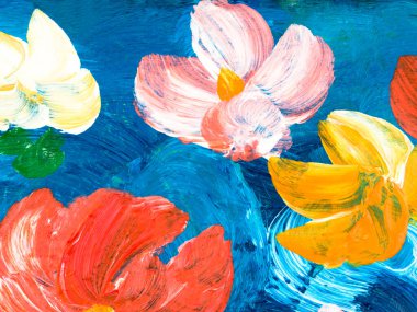 Soyut kırmızı ve sarı çiçekler, orijinal el çizimi, izlenimcilik stili, renk dokusu, fırça darbeleri, sanat arka planı. Modern sanat.