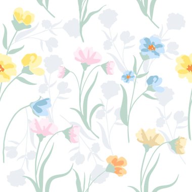 Mavi, sarı ve pembe çiçekli, parlak arkaplan. Duvar kağıdı, duvar süslemesi, kumaş, tekstil, kartlar için botanik sanatı çizimi.