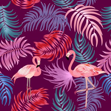 Çok renkli palmiye yaprakları ve flamingolu vektör tropikal ormansız desen, düğün için arka plan, alıntılar, doğum günü ve davetiye kartları, kumaş.