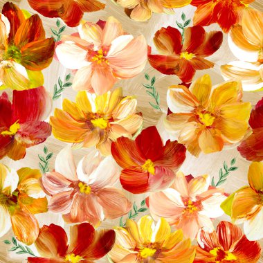 Seamless pattern of abstract painting flowers, original hand drawn, impressionism style, color texture, brush strokes of paint,  art background.  Modern art. Contemporary art.