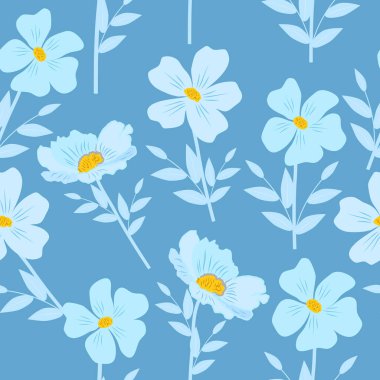 Soyut mavi çiçekli kusursuz desen. Vektör arkaplanı, kumaş ve tekstil için duvar kağıdı.