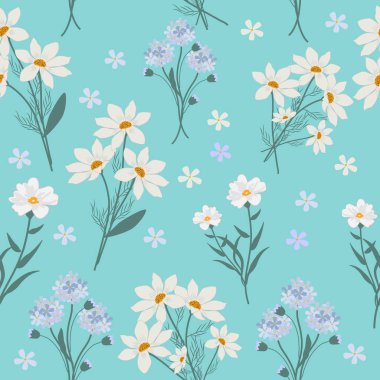 Yabani çiçeklerle kusursuz bir desen. Duvar kağıdı, duvar süslemesi, kumaş, tekstil, kartlar için botanik sanatı çizimi.