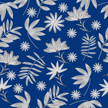 Duvar kâğıdı, kumaş ve tekstil için koyu mavi arkaplan üzerinde soyut gri çiçeklerle vektörsüz desen.