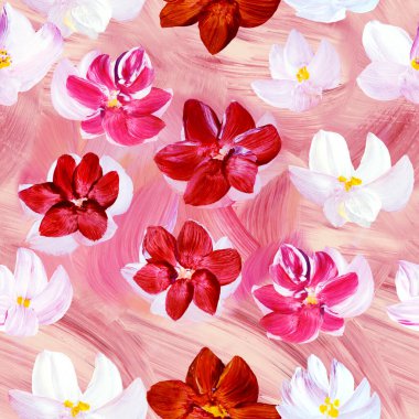 Soyut pembe, kırmızı ve beyaz çiçeklerin kusursuz deseni. Orijinal el çizimi, izlenimcilik tarzı, sanat eseri, yaratıcı el boyası arka plan, fırça dokusu, akrilik. Modern sanat.