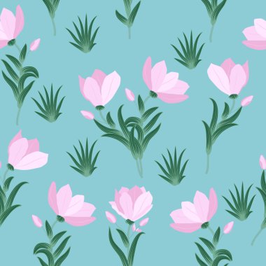 Pembe çiçekli, parlak arkaplan. Duvar kağıdı, duvar süslemesi, kumaş, tekstil, kartlar için botanik sanatı çizimi.