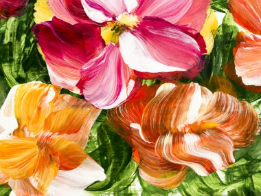 Soyut çiçekler, orijinal el çizimi, izlenimcilik stili, renk dokusu, fırça darbeleri, sanat arka planı. Modern sanat.