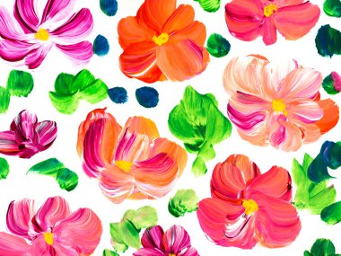 Soyut pembe ve kırmızı çiçekler, orijinal el çizimi, izlenimcilik stili, renk dokusu, fırça darbeleri, sanat arka planı. Modern sanat.