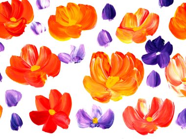 Soyut kırmızı ve mor çiçekler, orijinal el çizimi, izlenimcilik stili, renk dokusu, fırça darbeleri, beyaz arka plan. Modern sanat.