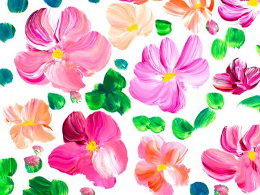 Soyut pembe çiçekler, orijinal el çizimi, izlenimcilik stili, renk dokusu, fırça darbeleri, sanat arka planı. Modern sanat.