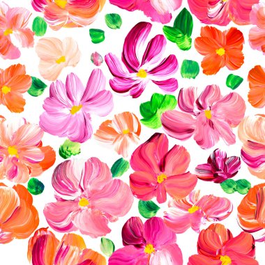 Soyut kırmızı ve sarı çiçeklerin kusursuz deseni, orijinal el çizimi, izlenimcilik stili, renk dokusu, fırça darbeleri, sanat arkaplanı. Modern sanat.