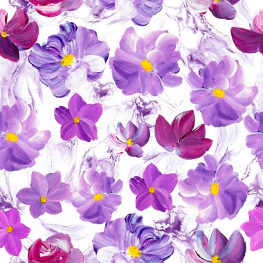 Soyut mor ve pembe çiçeklerin kusursuz deseni, orijinal el çizimi, izlenimcilik stili, renk dokusu, fırça darbeleri, sanat arkaplanı. Modern sanat.