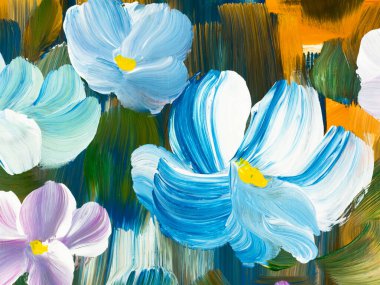 Soyut mavi çiçekler, orijinal el çizimi, izlenimcilik stili, renk dokusu, fırça darbeleri, sanat arka planı. Modern sanat.